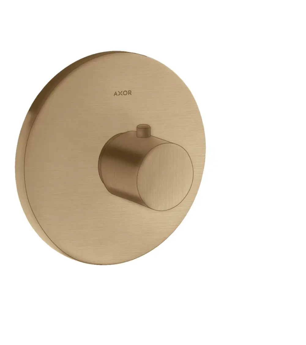 Thermostat von AXOR in brushed bronze Optik, bestehend aus runder Wandplatte und zentralem Drehknopf zur Temperatureinstellung.